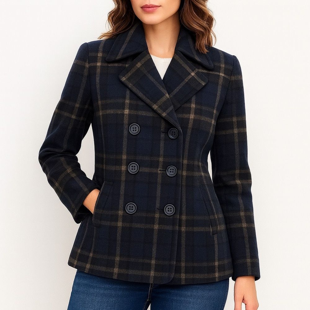 Chadwick’s Wool Peacoat Size 10 Navy Plaid Double Breasted Jacket Winter Vintage